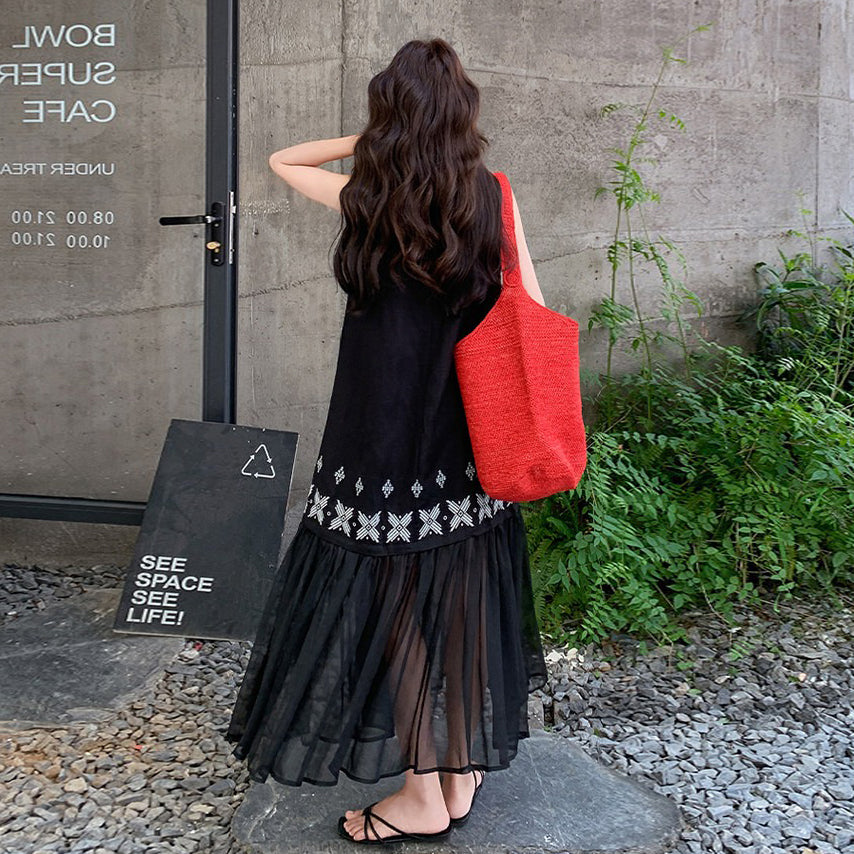 【ワンピース】メッシュ 切り替え ノースリーブワンピース レディース 夏 透け感 ふんわり 上品 若見え ロングワンピース【JZシリーズ】
