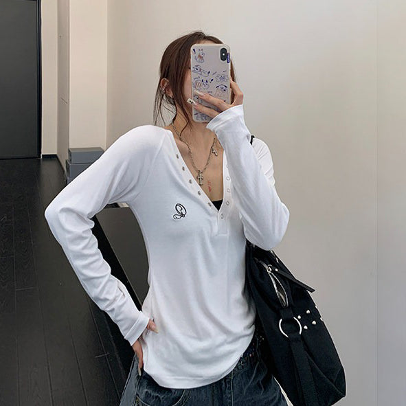 【トップス】韓国風フィットロンT レディース ストレッチ Vネック カットソー 秋冬インナー 長袖Tシャツ【FCシリーズ】