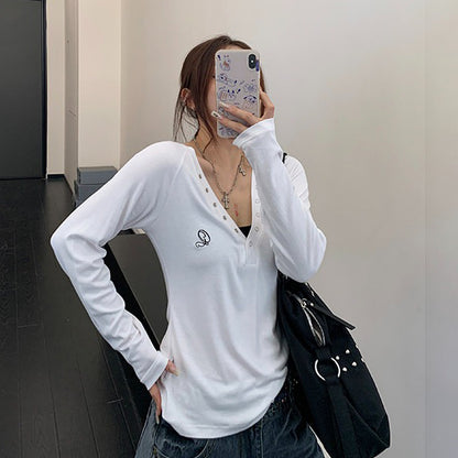 【トップス】韓国風フィットロンT レディース ストレッチ Vネック カットソー 秋冬インナー 長袖Tシャツ【FCシリーズ】