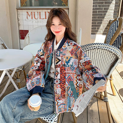 【アウター】超可愛い エスニック柄おしゃれスタジャン レディース 春秋 人気 韓国風ジャケット【SHシリーズ】