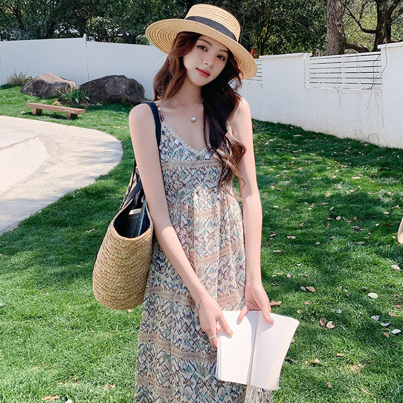 【ワンピース】バカンス映え ボヘミアン ノースリーブワンピース 花柄ロング丈 夏新作 リゾートスタイル【SHシリーズ】