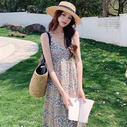 【ワンピース】バカンス映え ボヘミアン ノースリーブワンピース 花柄ロング丈 夏新作 リゾートスタイル【SHシリーズ】
