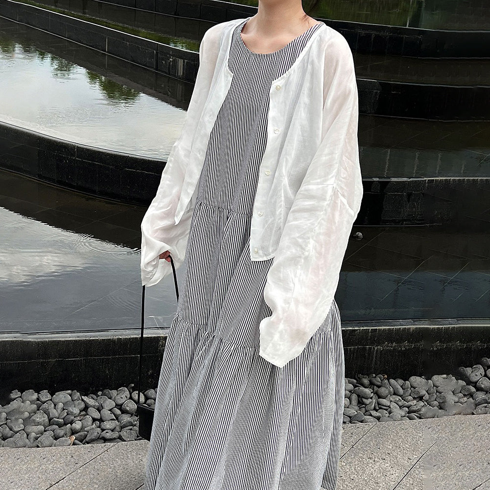 【ワンピース】トロシンプル ストライプ柄 細見え 夏新作 ゆる感 ノースリーブワンピース【JZシリーズ】