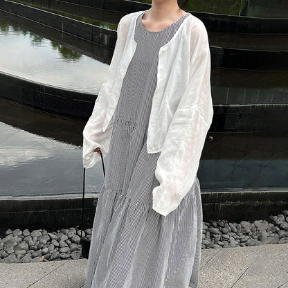 【ワンピース】トロシンプル ストライプ柄 細見え 夏新作 ゆる感 ノースリーブワンピース【JZシリーズ】