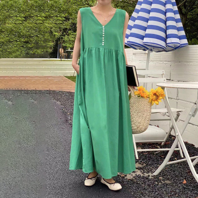 【ワンピース】4カラー 韓国風 春夏用 フレンチレトロ ノースリーブ ゆったりワンピース