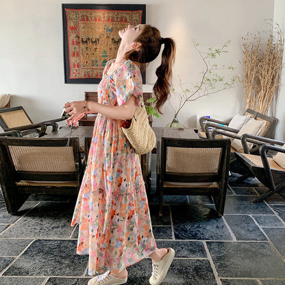 【ワンピース】ピンクプリント パフスリーブ 夏 カントリー風 半袖ワンピース【SHシリーズ】