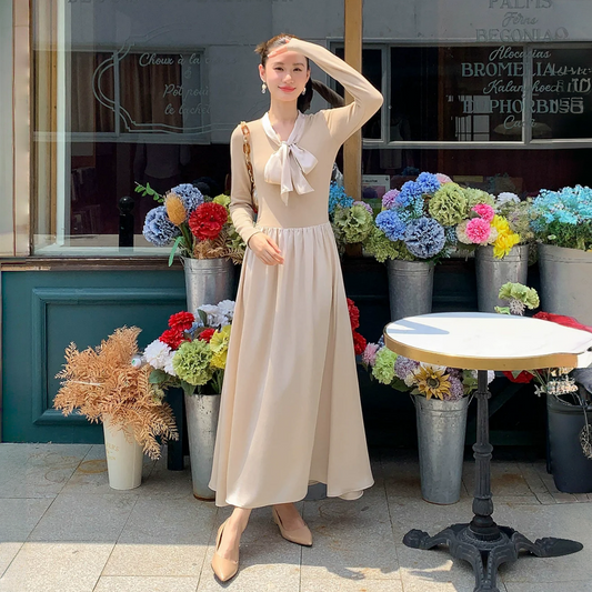 【ワンピース】春 秋 冬  リボンタイ 切り替え 長袖 ワンピース 【JZシリーズ】