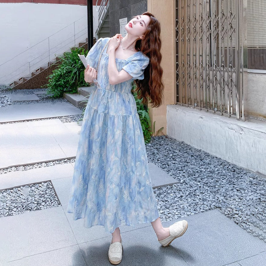 【ワンピース】グラデーション染め刺繍入りパフスリーブワンピース Aライン半袖【SHシリーズ】