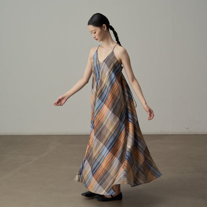 【ワンピース】フレンチヴィンテージ風 ロマンチック カラーヤーンチェック柄 ノースリーブ オフショルダーワンピース【SHシリーズ】