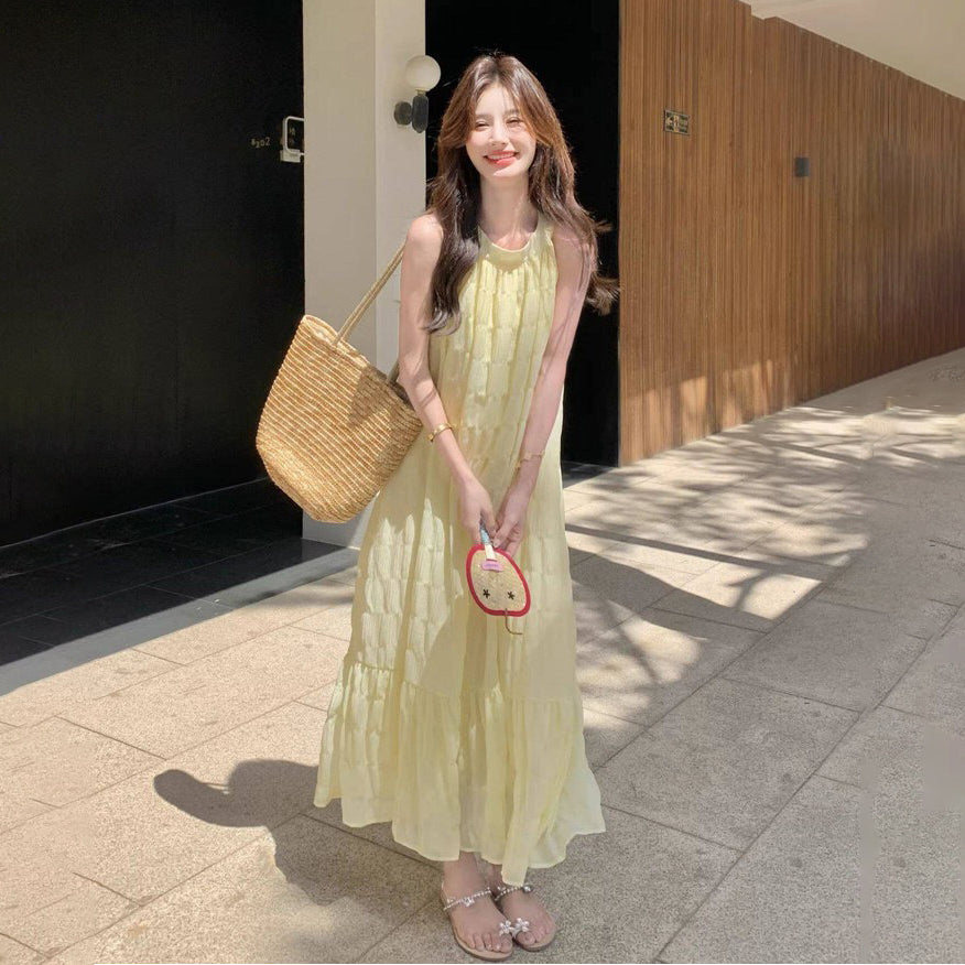 【ワンピース】大人可愛い イエローワンピース レディース 夏 デザインワンピース フィッシュテール ゆったり 上品ロング丈【JZシリーズ】