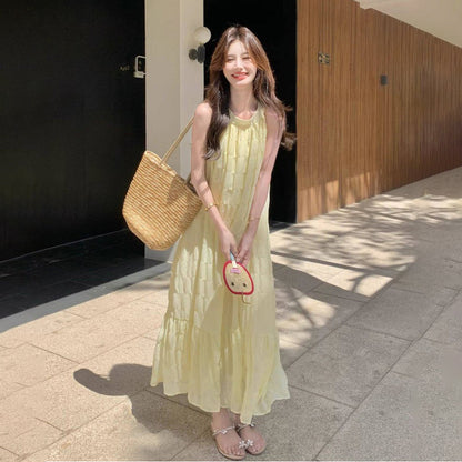 【ワンピース】大人可愛い イエローワンピース レディース 夏 デザインワンピース フィッシュテール ゆったり 上品ロング丈【JZシリーズ】