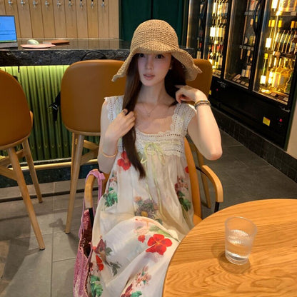 碎花蕾絲拼接長洋裝｜復古A字連身裙｜寬鬆夏日休閒穿搭【SH系列】