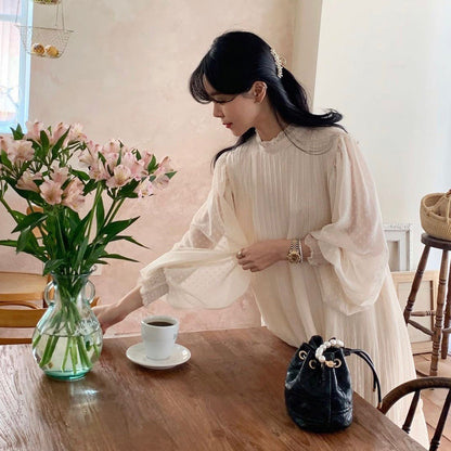 【ワンピース】韓国風 シック 春新作 スウィート フリルネック シアー感 ドット柄 バルーンスリーブ 長袖ワンピース【JZシリーズ】