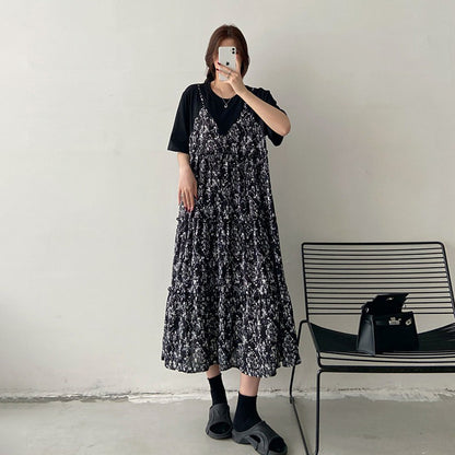 【ワンピース】フレンチ花柄シフォンワンピース レディース 夏 フェミニン 半袖 ロング丈 体型カバー 上品ワンピース【JZシリーズ】