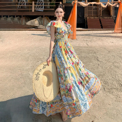 【ワンピース】リゾート風 アートプリントワンピース レディース 夏 Vネック ロング丈 ビーチワンピース ゆったり ノースリーブ シルエット【SHシリーズ】