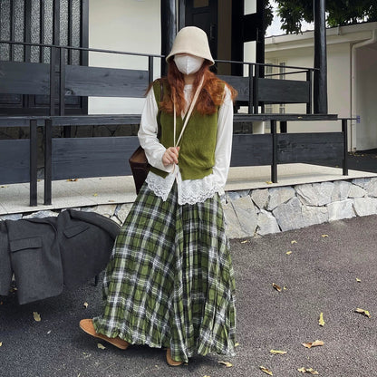 【ボトムス】2025秋冬新作 レディース チェック柄 ロングスカート グリーン 細見え 大人可愛い【SHシリーズ】