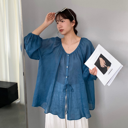 【トップス】UV対策 前後2WAY  ラミー100% 長袖バルーンスリーブシャツ レディース 26夏新作 軽やかトップス【JZシリーズ】