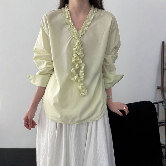 【トップス】レースフリル Vネック 新作 デザイン性 長袖 シャツ 【JZシリーズ】