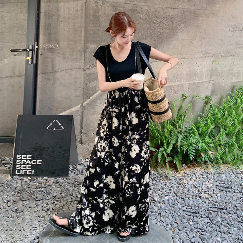 2点セット！【セットアップ】Tシャツ＋サロペット 上下セット レディース 夏 ワイドパンツ オールインワン ゆったり 体型カバー カジュアル【SHシリーズ】