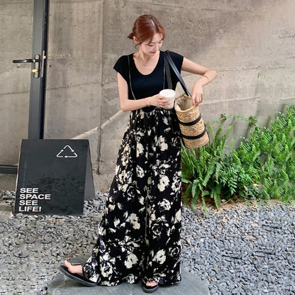 2点セット！【セットアップ】Tシャツ＋サロペット 上下セット レディース 夏 ワイドパンツ オールインワン ゆったり 体型カバー カジュアル【SHシリーズ】