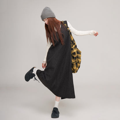 【ワンピース】ウール レディース 秋冬 ゆったりVネック 後ろスリット入り 体型カバー ノースリーブワンピース【JZシリーズ】