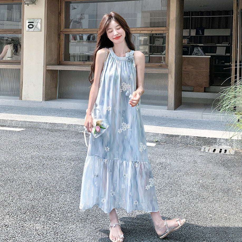 【ワンピース】リゾート風 ブルー立体フラワーワンピース レディース ノースリーブ ホルターネック 中長丈 ゆったり 体型カバー おしゃれ【SHシリーズ】