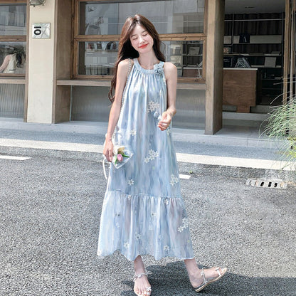 【ワンピース】リゾート風 ブルー立体フラワーワンピース レディース ノースリーブ ホルターネック 中長丈 ゆったり 体型カバー おしゃれ【SHシリーズ】