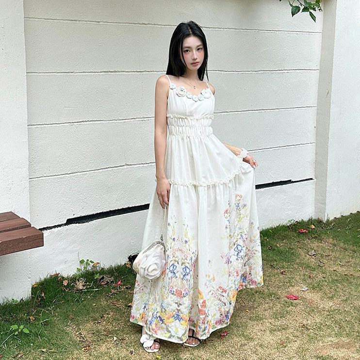 【ワンピース】ノースリーブワンピース 夏 ノルマンディーガーデン風 花柄 キャミワンピ 麻風素材 ウエストマーク デザイン感【SHシリーズ】