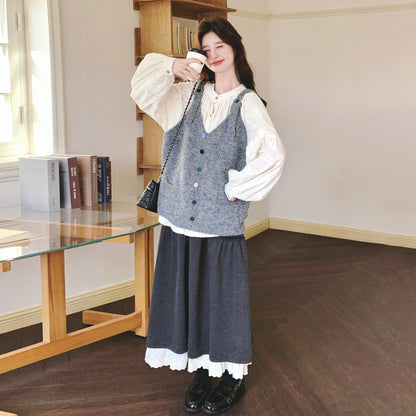 3点セット！【セットアップ】春新作 森ガール風 ニットベスト＋シャツ＋スカート 3点 上下セット 気質アップ＆若見えコーデ【JZシリーズ】