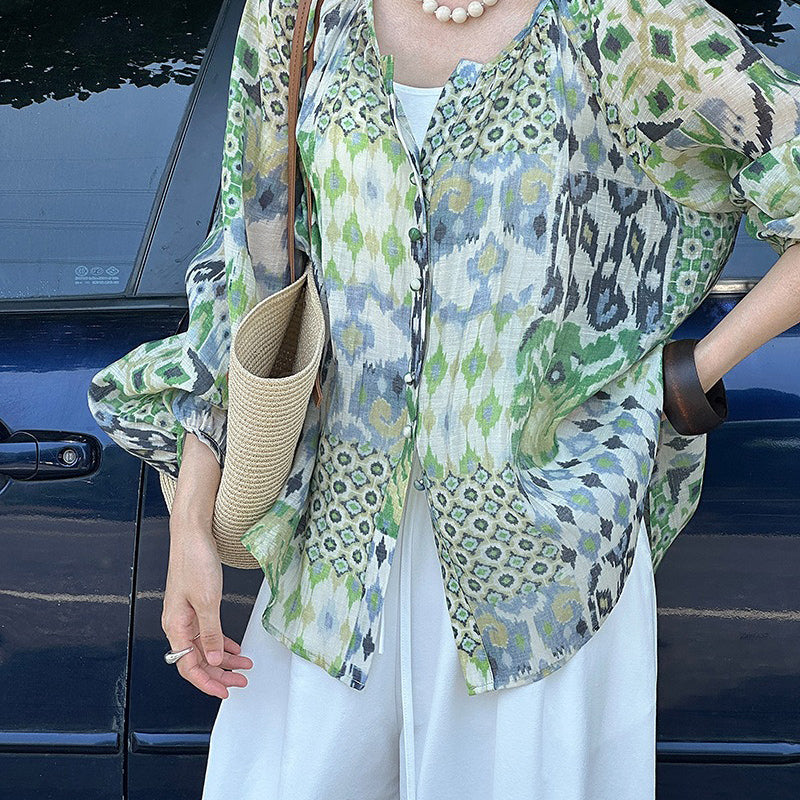 【トップス】真夏の復古 グリーン油絵 ランタン袖 UVカットシャツ【JZシリーズ】【SHシリーズ】