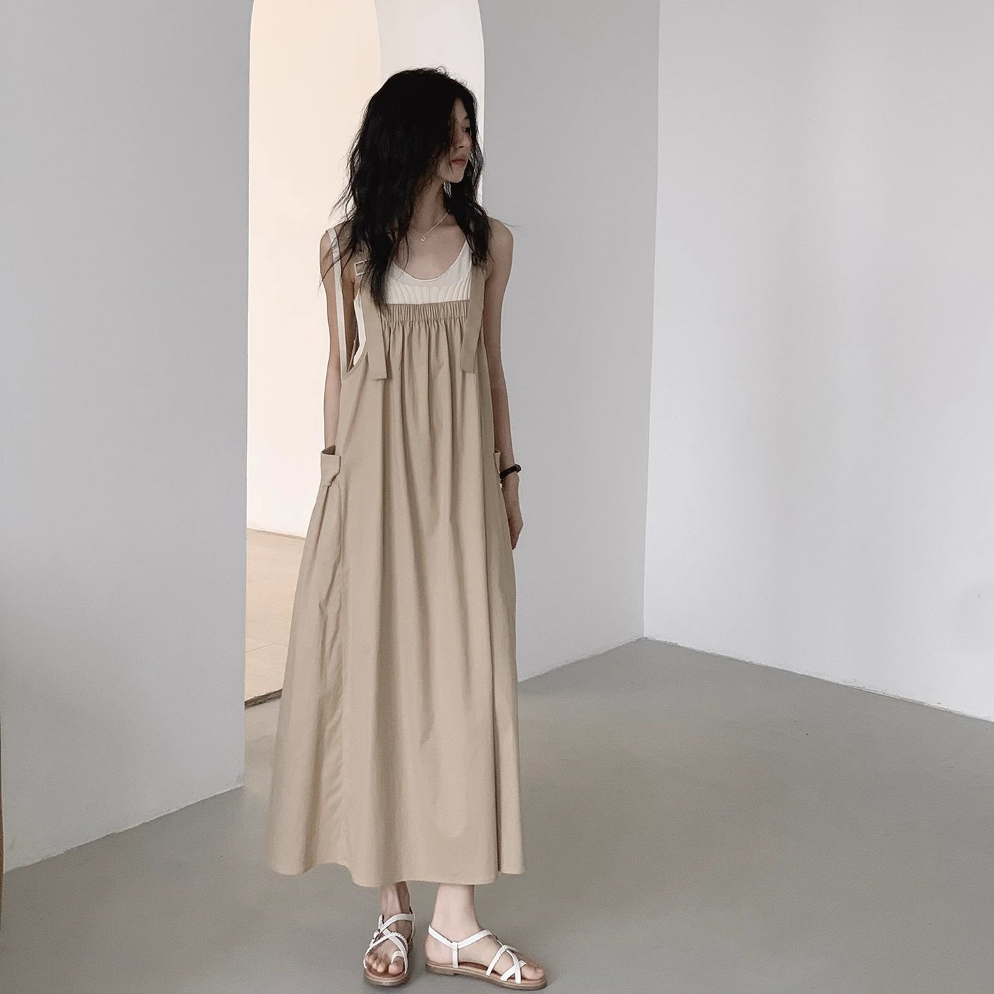 【ワンピース】シンプルヴィンテージ 夏新作 ゆったり韓国風カジュアル ノースリーブキャミソールワンピース【JZシリーズ】