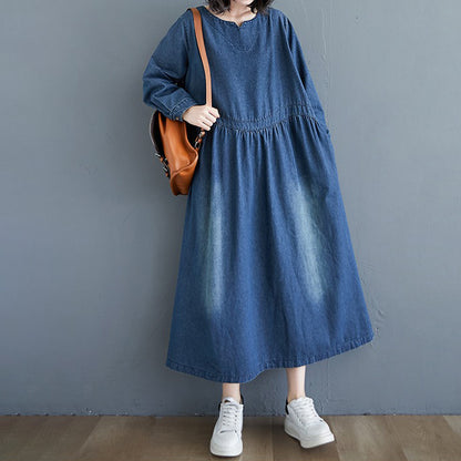 【ワンピース】大きいサイズ デニムワンピ 長袖 レディース 春秋コーデ ゆったり ロング丈 カジュアル 上品【JZシリーズ】