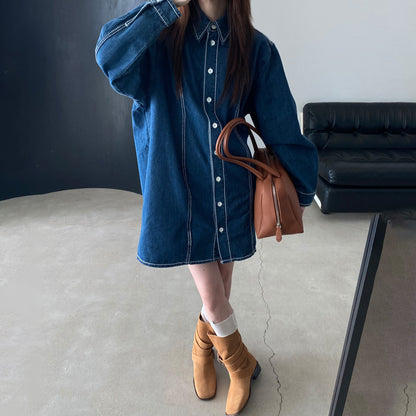 【24AW】【ワンピース】秋 高級感 レトロ ラペル ルーズ デニム 長袖ワンピース