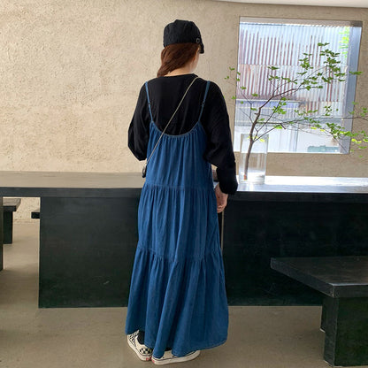 【ワンピース】韓国ファッション デニムノースリーブワンピース 春新作 ゆったり体型カバー 小顔効果 プリーツ入り フレアロング丈 おしゃれデザイン【JZシリーズ】