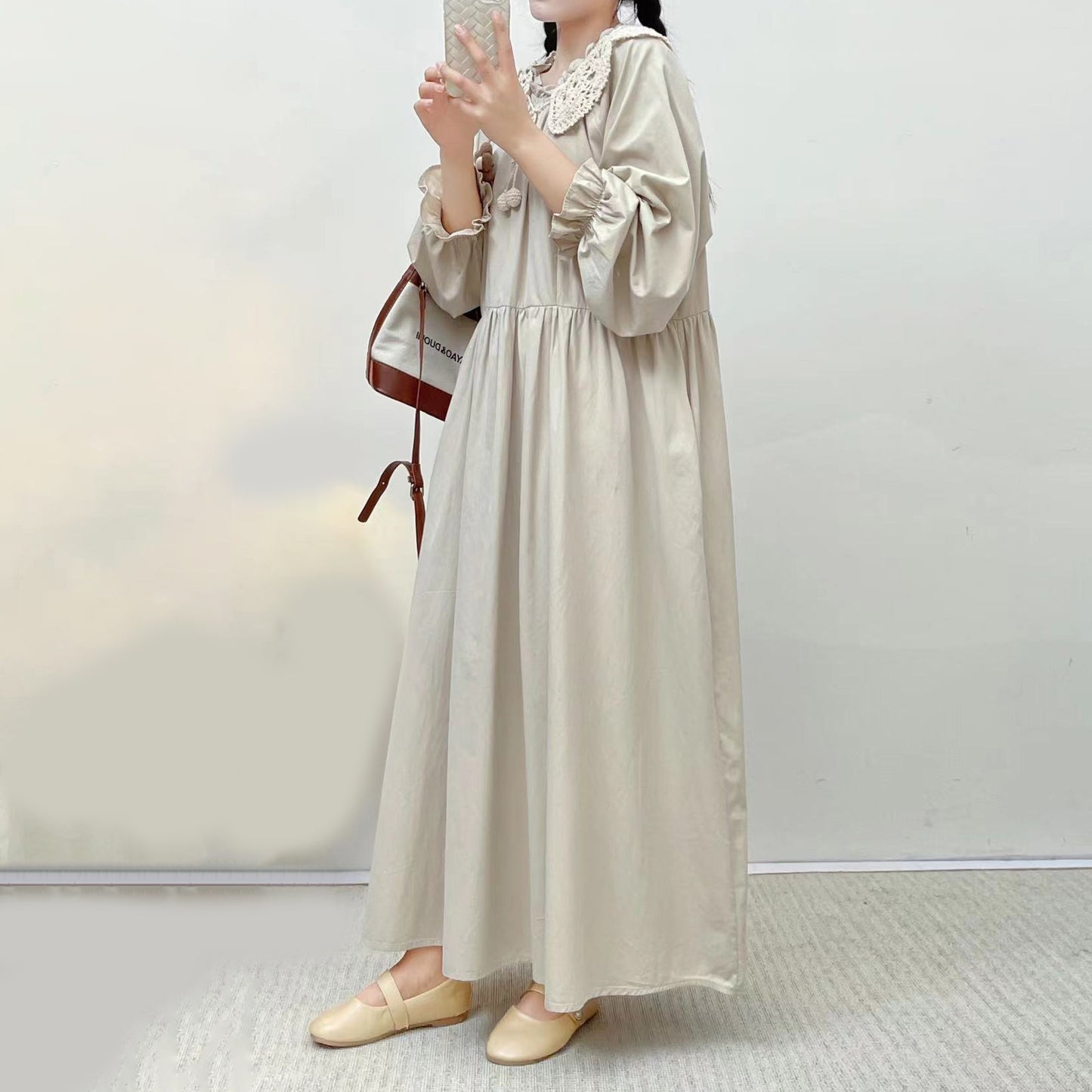 【24AW】【15～20日内発送】【ワンピース】無地 カジュアル 気質 着痩せ  ゆったり 長袖ワンピース