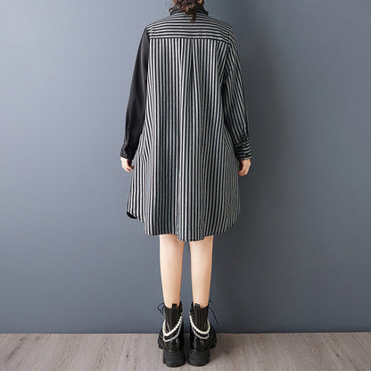 【ワンピース】ダークデザイン 無地×ストライプ 切替 長袖 ワンピース ゆったり【AHシリーズ】