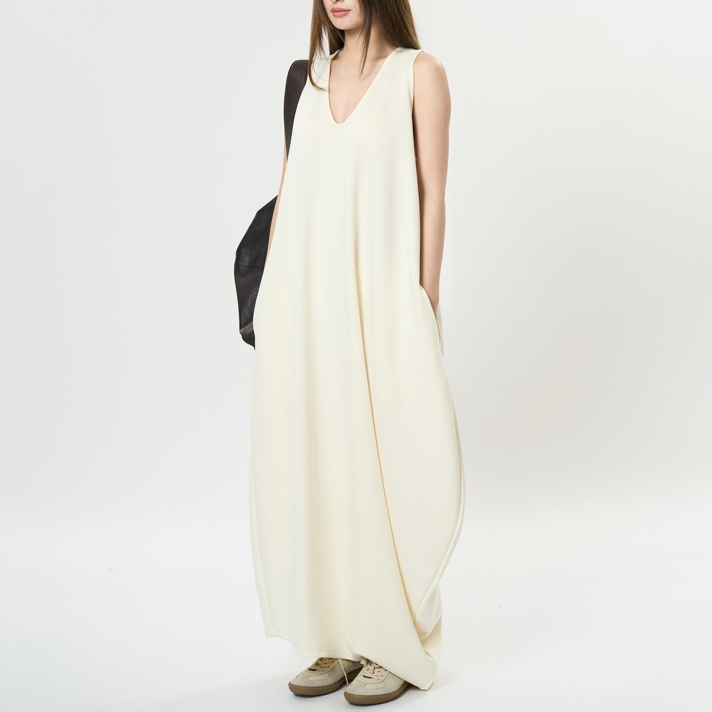 【ワンピース】夏 フレンチ ディープUネック アシンメトリー スリム バロン ノースリーブワンピース【JZシリーズ】