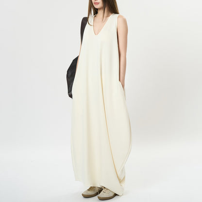 【ワンピース】夏 フレンチ ディープUネック アシンメトリー スリム バロン ノースリーブワンピース【JZシリーズ】