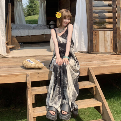 【ボトムス】夏新作 アート×ヴィンテージ 水墨画柄 ゆる感サロペット ワイドシルエット オールインワン【SHシリーズ】