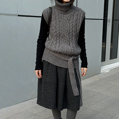 【トップス】春 秋 冬 ハイネック ケーブル ベルト付き ノースリーブ セーター 【JZシリーズ】