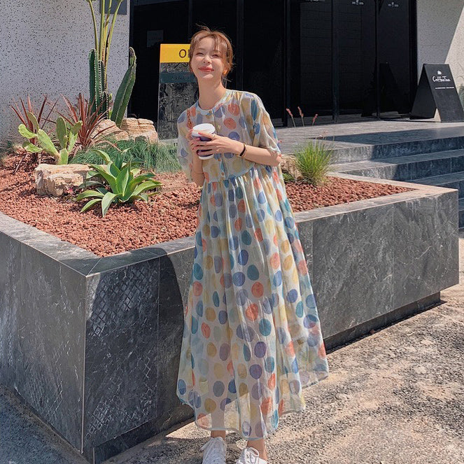 【ワンピース】【10～15日内発送】夏新作 やや透け感 ゆったりシルエット 体型カバー 冷淡系ドット柄 半袖ワンピース【SHシリーズ】
