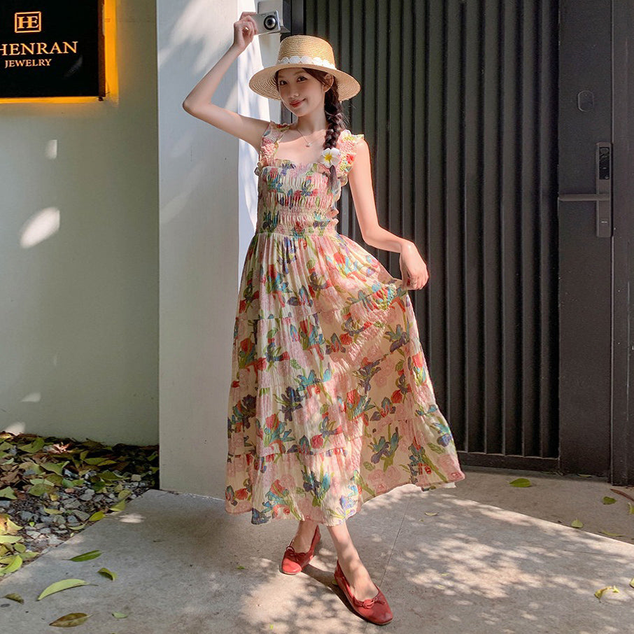 【ワンピース】夏 フレンチ風 スリム効果 ドーパミン 油絵プリント ノースリーブワンピース【SHシリーズ】