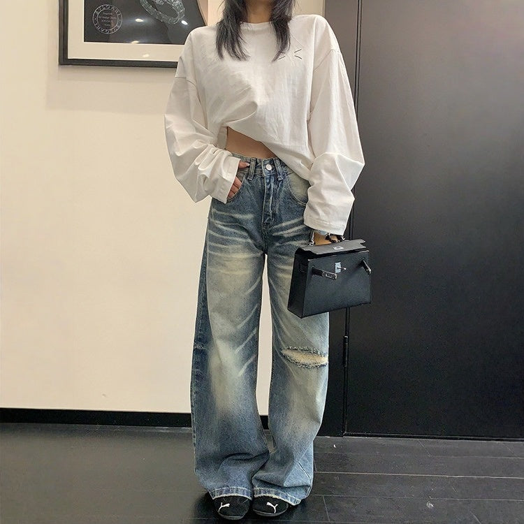 【ボトムス】ダメージ加工 ストレート レトロ ワイドパンツ 【FCシリーズ】