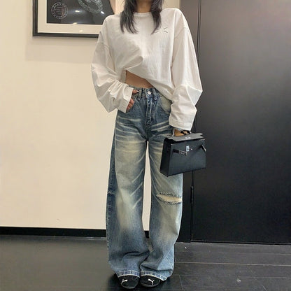 【ボトムス】ダメージ加工 ストレート レトロ ワイドパンツ 【FCシリーズ】