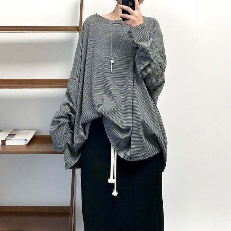 【トップス】クラシック 細ボーダー オーバーサイズ 長袖Tシャツ 【FCシリーズ】