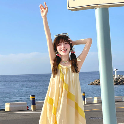 【ワンピース】配色キャミワンピース レディース リゾート風 ゆったり ロング丈 ビーチドレス 夏ワンピース【SHシリーズ】