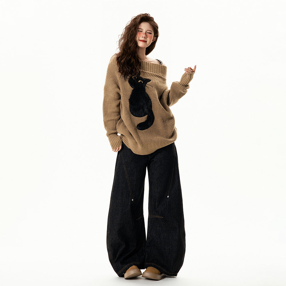 【トップス】遊び心 猫モチーフ ワンショルダーニット 猫柄 ゆったり リラックス感 ニットトップス【FCシリーズ】