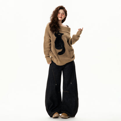 【トップス】遊び心 猫モチーフ ワンショルダーニット 猫柄 ゆったり リラックス感 ニットトップス【FCシリーズ】