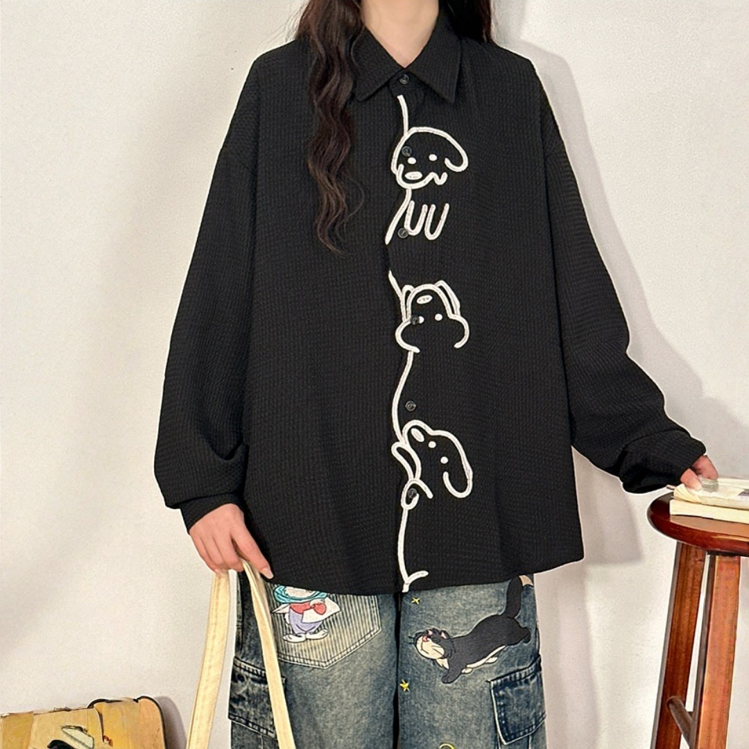 【🐶木登りわんちゃん】【トップス】 刺繍 ワッフル生地 男女兼用 長袖 シャツ 【FCシリーズ】