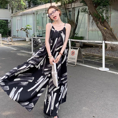 【ボトムス】夏新作 レトロ感漂う オーバーサイズ アートプリント キャミサロペット オールインワン【SHシリーズ】